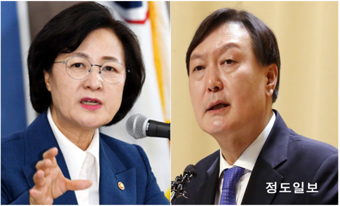 추미애 법무부 장관(왼쪽)과 윤석열 검찰총장. 정도일보 자료사진