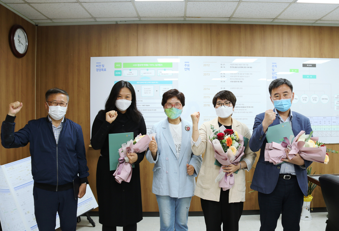 수원시정연구원, 선임 연구위원 승진 임용식 (왼쪽부터) 김기서 경영지원실장, 정수진 도시공간연구실장, 김선희 수원시정연구원장, 김숙희 연구위원, 박상우 연구기획실장