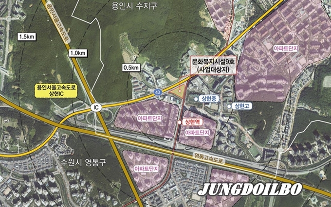 수지구 상현동 광교택지지구 내 다목적 스포츠센터 건립 예정지 위치도