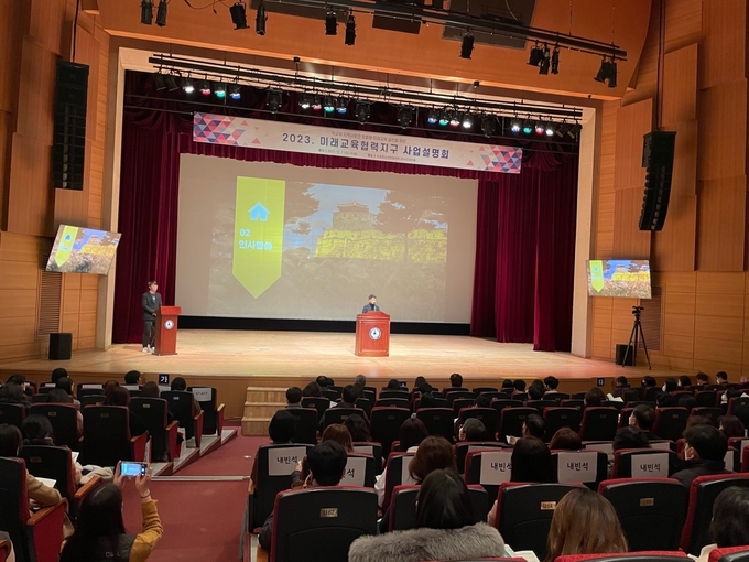 ‘2023 수원미래교육협력지구’ 사업설명회를 열고 있다.