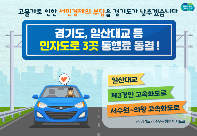 경기도, 민자도로 3곳 통행료 동결 