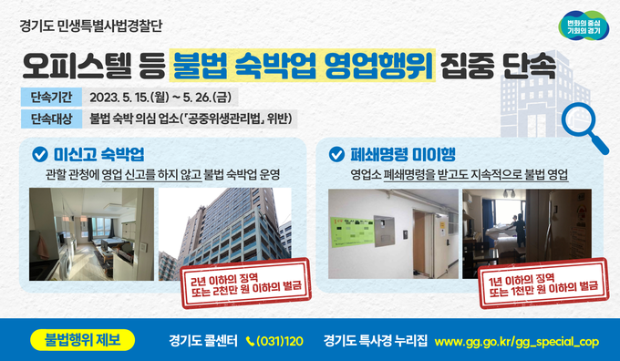 경기특사경, 오피스텔 등 불법 숙박업 영업행위 집중 단속