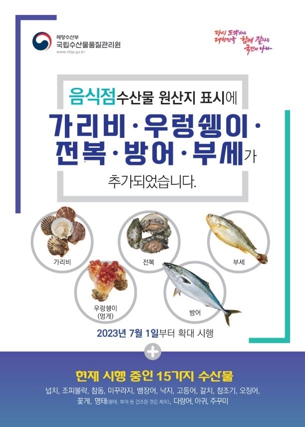 용인특례시가 내달부터 음식점 수산물 원산지표시 의무를 20종으로 확대한다. 사진은 수산물 원산지표시 리플릿.