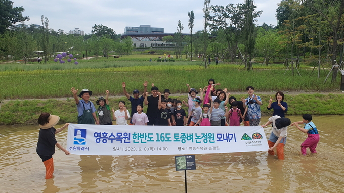 모내기 행사 참가자들이 함께하고 있다.