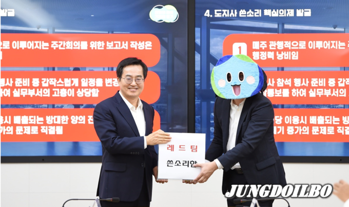 14일 오후 경기도청 북부청사 2층 상황실에서 열린 2월 도정 열린회의에서 김동연 경기도지사가 레드팀 쓴소리함을 전달받고 있다. 