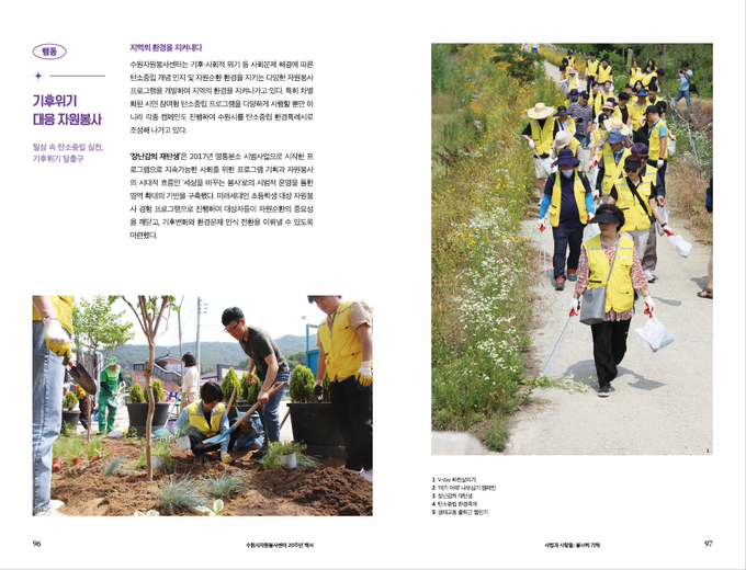 수원시자원봉사센터 20주년 백서 ‘빛나는 스무살 새로운 시작’의 내용.