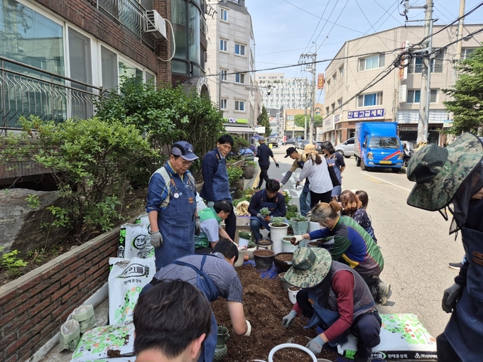 권선1동에 화분정원 시범거리를 조성하고 있다.