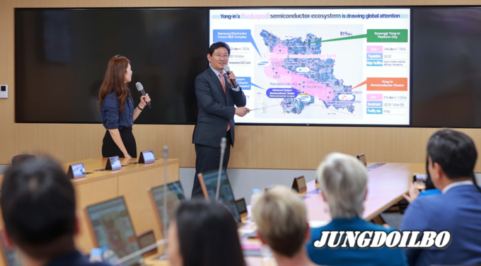 이상일 용인특례시장이 23일 미국 플로리다주 오세올라 카운티 대표단과 간담회에서 시의 L자형 반도체 벨트에 대해 설명하고 있다