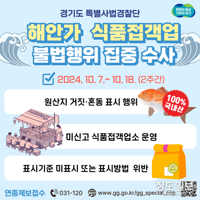  경기도 특사경, 가을철 맞아 해안가 음식점 불법행위 집중 수사 그래픽 보도자료 