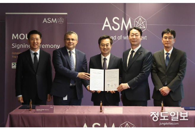 31일(현지시간) 네덜란드 알메르 ASM 본사에서 진행된 반도체 상생협력 MOU 체결식에서 김동연(가운데)도지사, 정명근 화성시장, 엠사드 ASM CEO, 관계자들이 협약서명 후 기념촬영을 하고 있다. = 자료사진 경기도