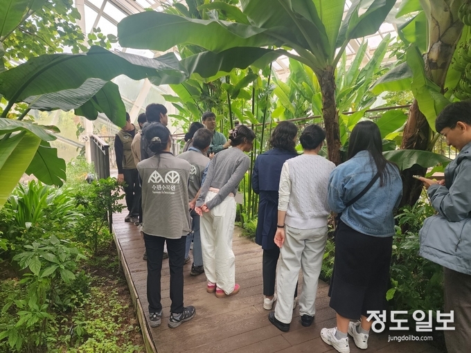 온실협의회 관계자들이 일월수목원을 답사하고 있다.