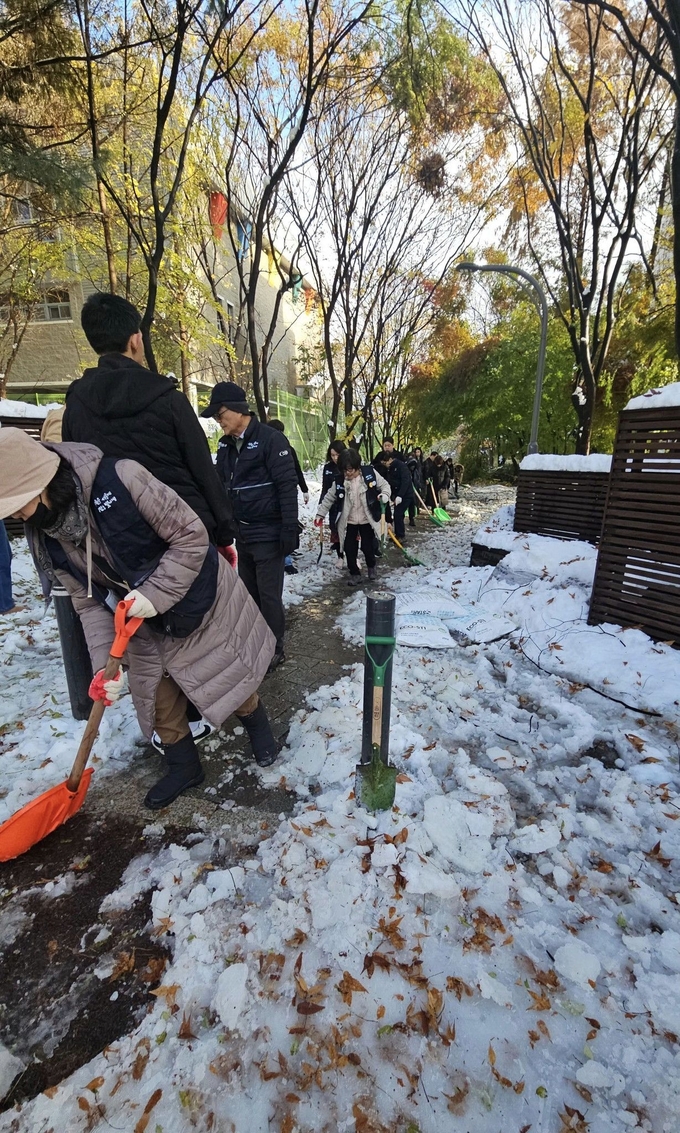 공원 산책길 제설 작업.