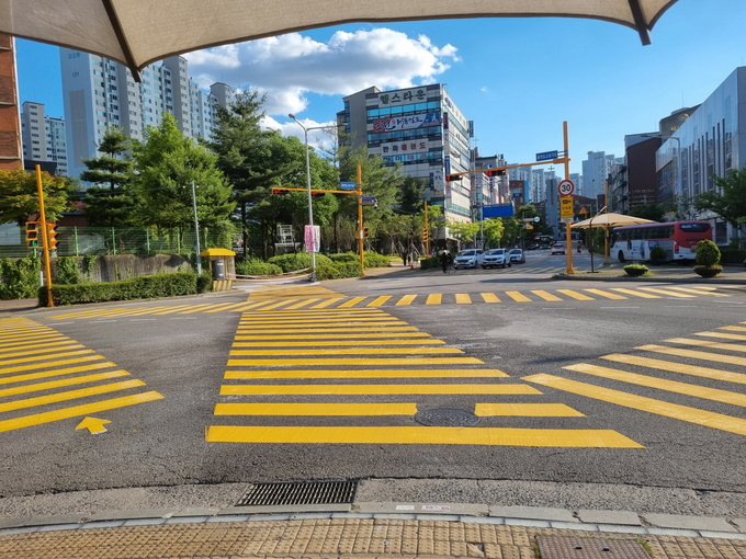 초등학교 앞 노란색 횡단보도.