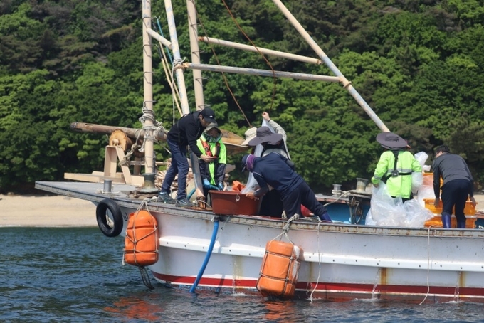 경기도해양수산자원연구소가 지난해 경기바다에 토종 대하를 방류하고 있다 사진=경기도해양수산자원연구소 