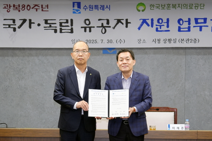이재준 수원시장(오른쪽)과 윤종진 한국보훈복지의료공단 이사장이 협약 체결 후 함께하고 있다.