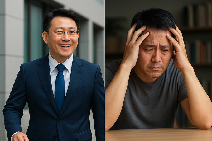 독서 후 ‘나도 할 수 있다’는 동기부여 후 힘차게 출근하는 모습과 그 반대상황의 이미지 (제공=김한준 DALL·E)
