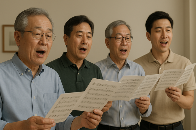 남성 중창 동호회에서 악보를 보며 함께 노래하는 모습, 이미지 DALL·E 생성