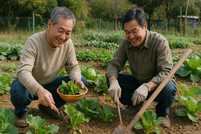 마을 텃밭을 함께 가꾸는 소소한 활동 속에서 깊어지는 관계 이미지. DALL·E 생성