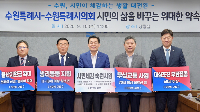 이재준 시장과 이재식 의장, 김정렬 부의장, 김동은 더불어민주당 교섭단체 대표, 박현수 국민의힘 교섭단체 대표가 시민체감 숙원사업이 적힌 손팻말을 들고 있다.