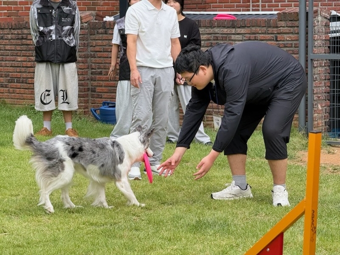 동물매개치료프로그램 체험을 하는 모습.