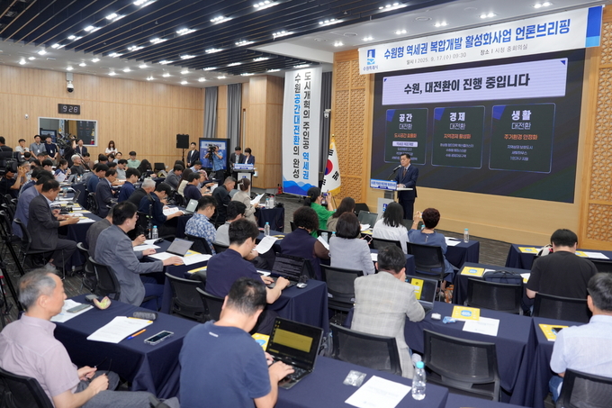 이재준 수원시장이 브리핑에서 수원형 역세권 복합개발 활성화 방안을 밝히고 있다.
