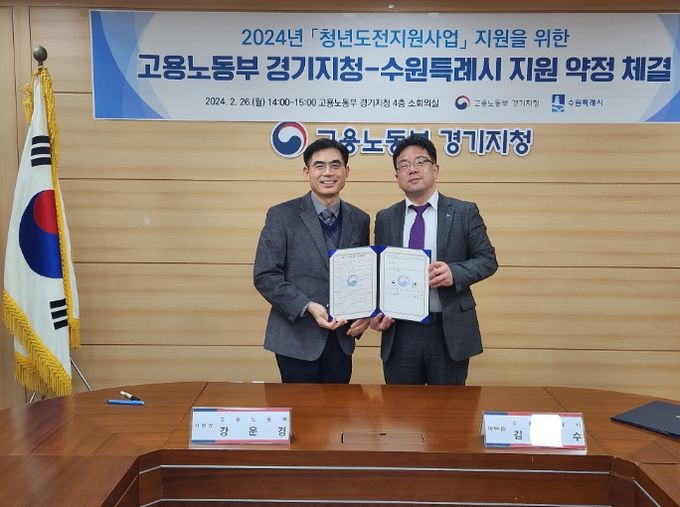 김현수 수원시 제1부시장(오른쪽)과 강운경 고용노동부 경기지청장이 협약 후 기념촬영을 하고 있다.