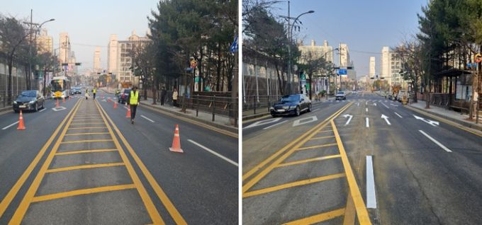 용인특례시 수지구 '생활민원 해결톡'에 접수된 죽전1동 행정복지센터 사거리 교통체계 개선전(왼쪽)과 개선후(오른쪽) 모습
